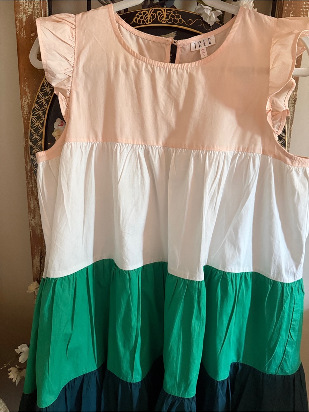 TCEC 100% Cotton Pink White Green Teal Colorblock Tiered Ruffle Sleeve Dress - Picture 6 of 9